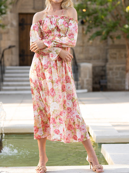 Floral Shirred Ruffled Puff Sleeve Midi Dress