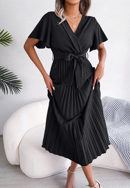 Flutter Sleeve Pleated Dress
