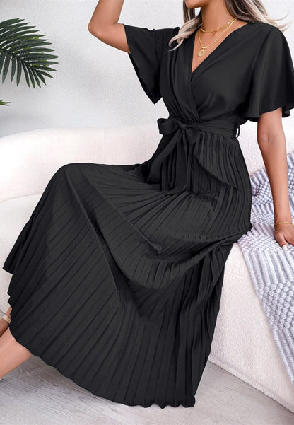 Flutter Sleeve Pleated Dress