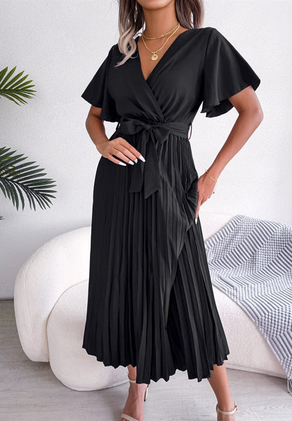 Flutter Sleeve Pleated Dress