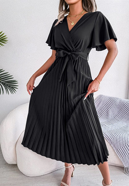 Flutter Sleeve Pleated Dress