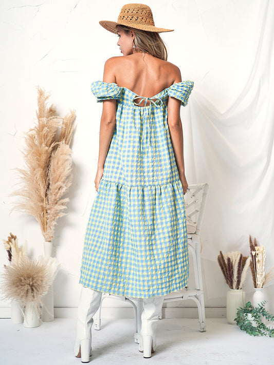 Plaid Print Puff Sleeve Maxi Dress