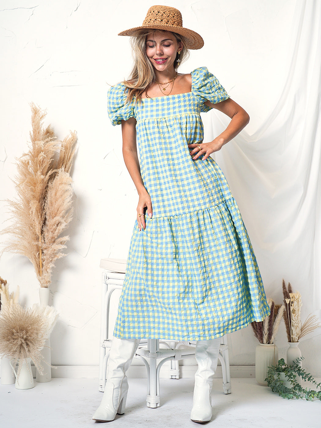 Plaid Print Puff Sleeve Maxi Dress
