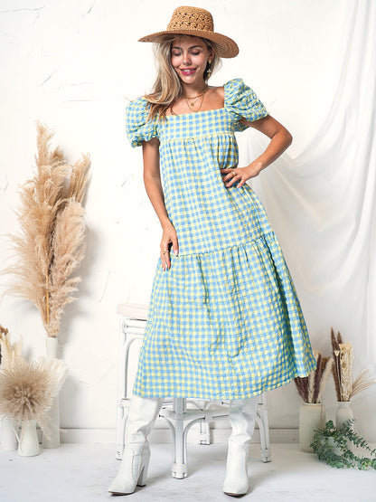 Plaid Print Puff Sleeve Maxi Dress