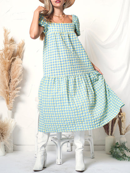 Plaid Print Puff Sleeve Maxi Dress