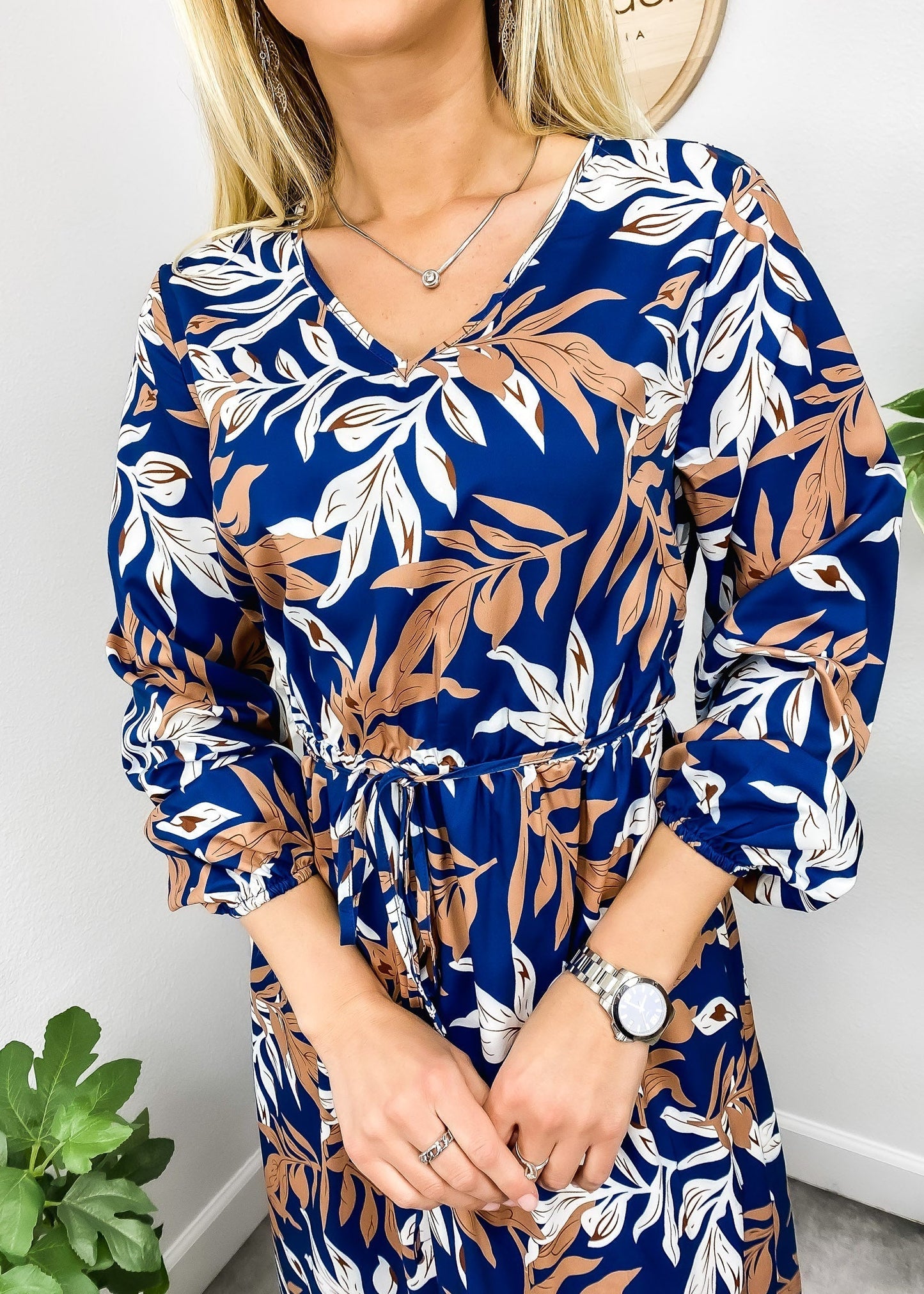 Tropical Leaf Print Neck Dress