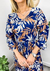 Tropical Leaf Print Neck Dress