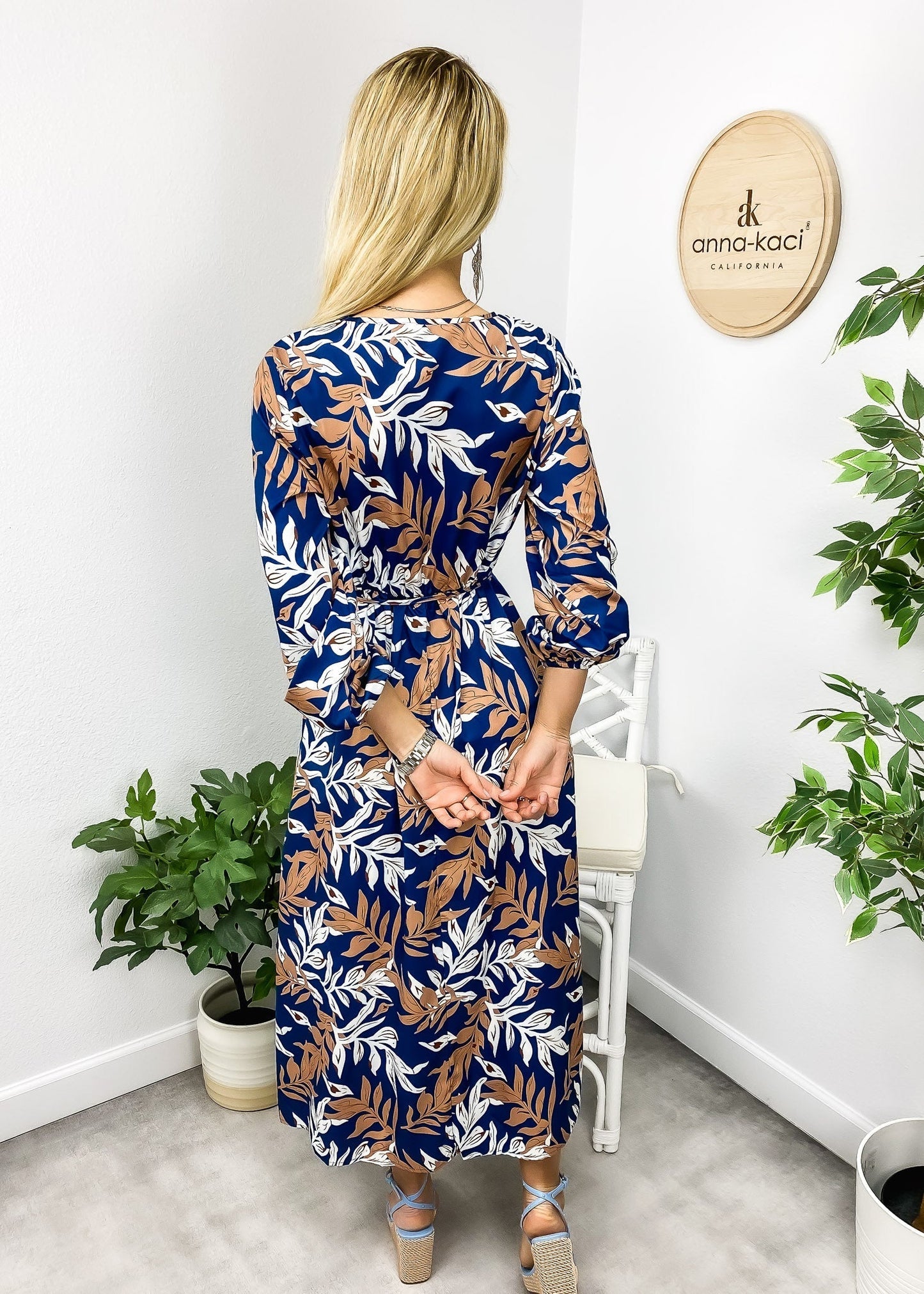 Tropical Leaf Print Neck Dress