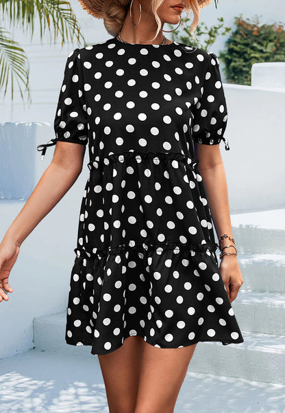 Dot Puff Sleeve Tiered Dress