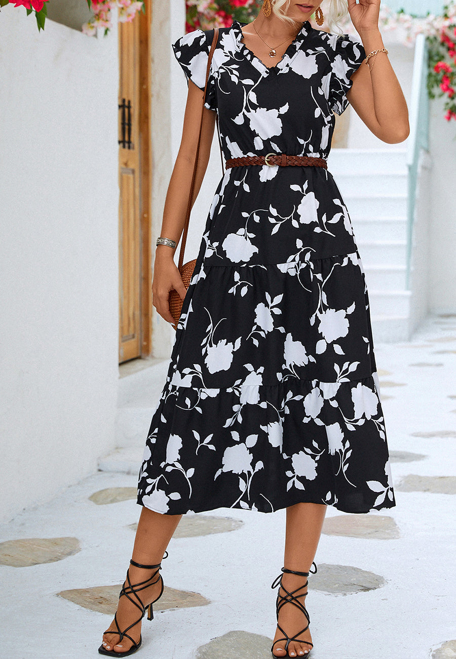 Two Tone Ruffle Neck Dress