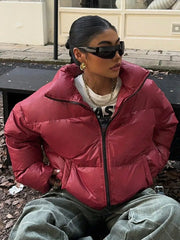 Red Turn-Down Collar Zipper Coat Coats-241208