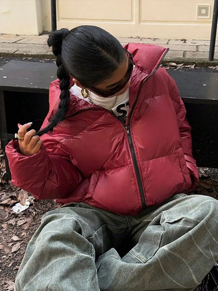 Red Turn-Down Collar Zipper Coat Coats-241208