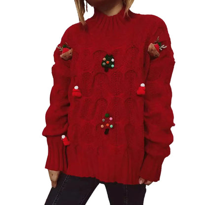 Autumn Winter Xmas Loose Round Neck Print Knitted Christmas Sweater