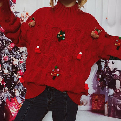 Autumn Winter Xmas Loose Round Neck Print Knitted Christmas Sweater