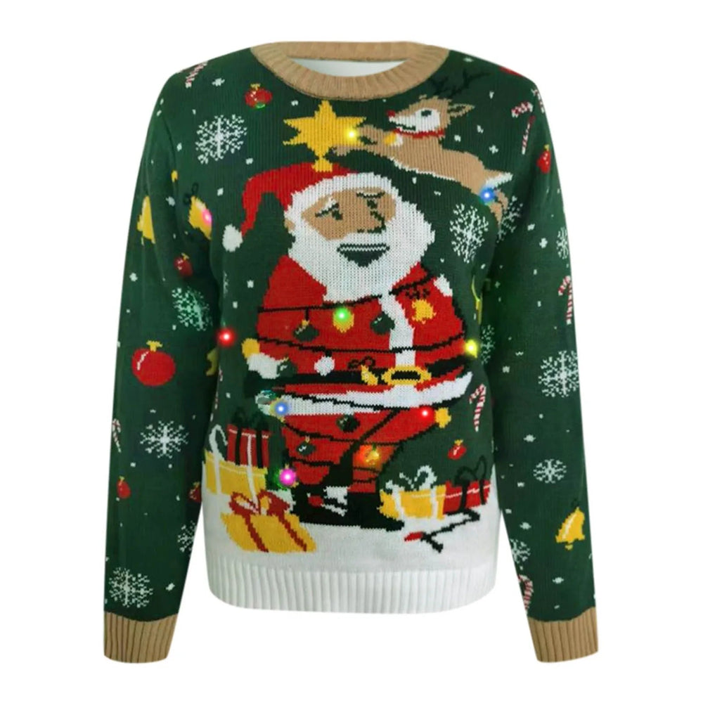 Autumn Winter Santa Jacquard Round Neck Retro Casual Christmas Sweater With Led Light Sweaters-L