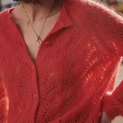 French Hollow Out Loose Red Mohair Cardigan Cardigan-241208