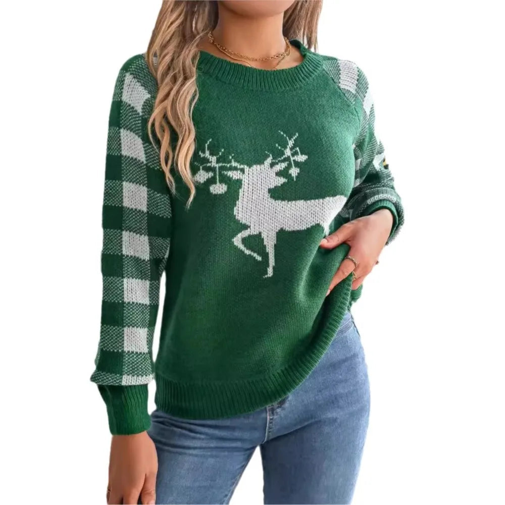 Knitted Plaid Christmas Sweater with Round Neck and Long Sleeves for Autumn/Winter