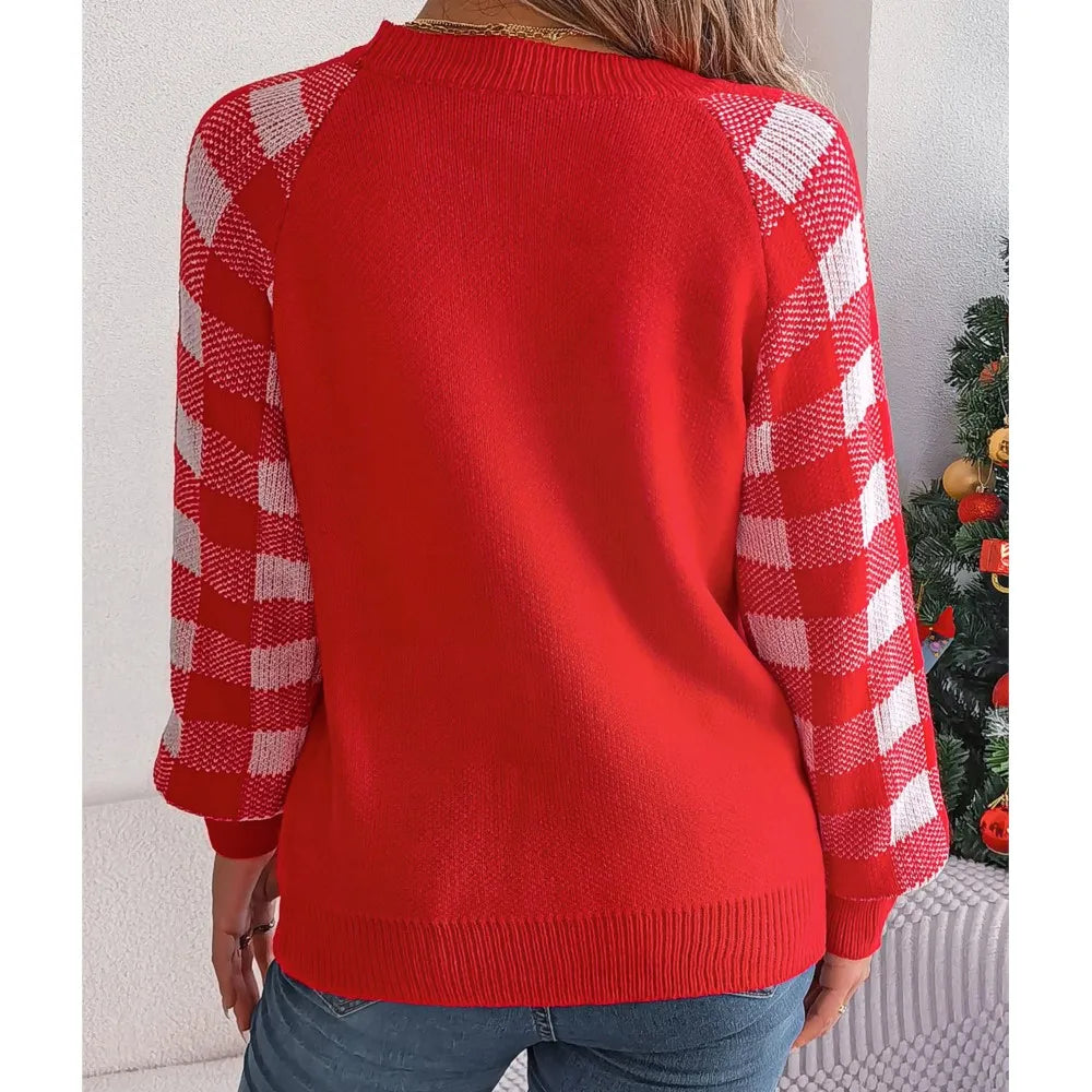 Loose Round Neck Knitted Autumn Winter Plaid Long Sleeved Christmas Sweater Sweaters-L