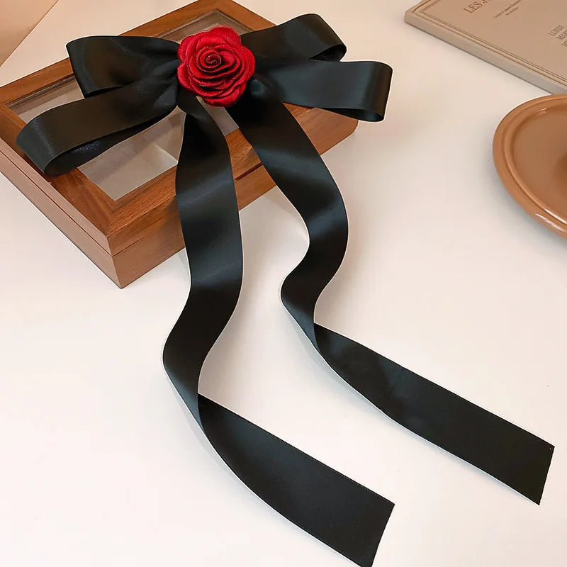 Rose Blossom Ribbon Spring Clip Hair Accessory Black Accessories-L