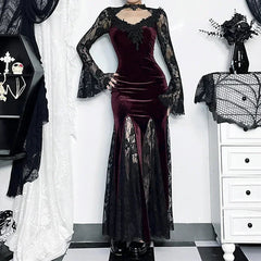 Patchwork Velvet Long Sleeve Midi Dress