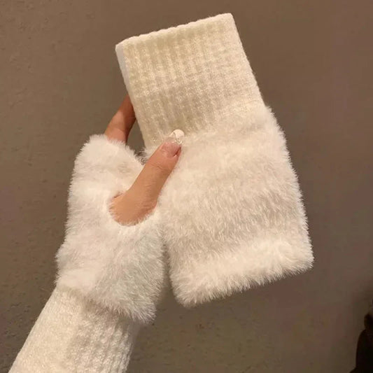 Luxury White Plush Knitted Fingerless Winter Writing Christmas Glove