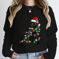 Hoodless Pullover Cute Black Cat Christmas Light Print Hoodie / S Hoodies-L