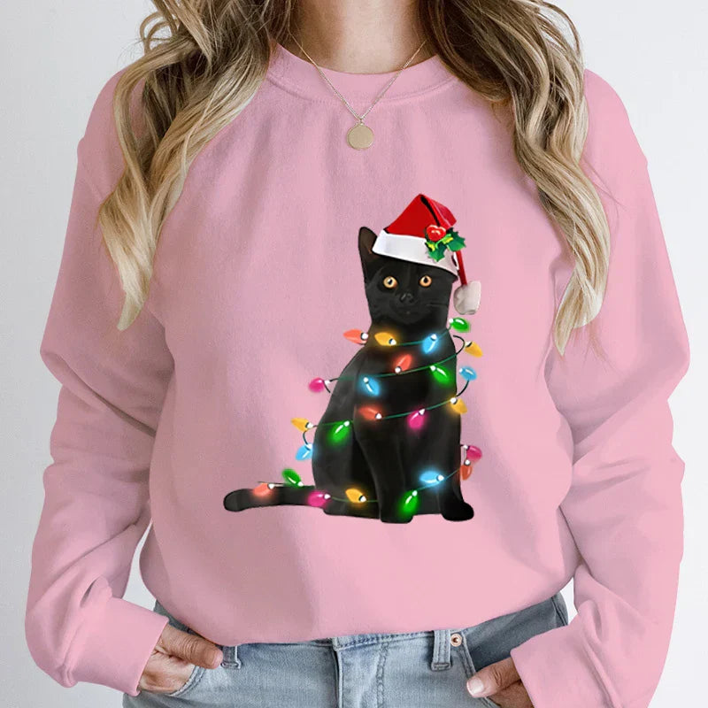 Hoodless Pullover Cute Black Cat Christmas Light Print Hoodie Pink / S Hoodies-L