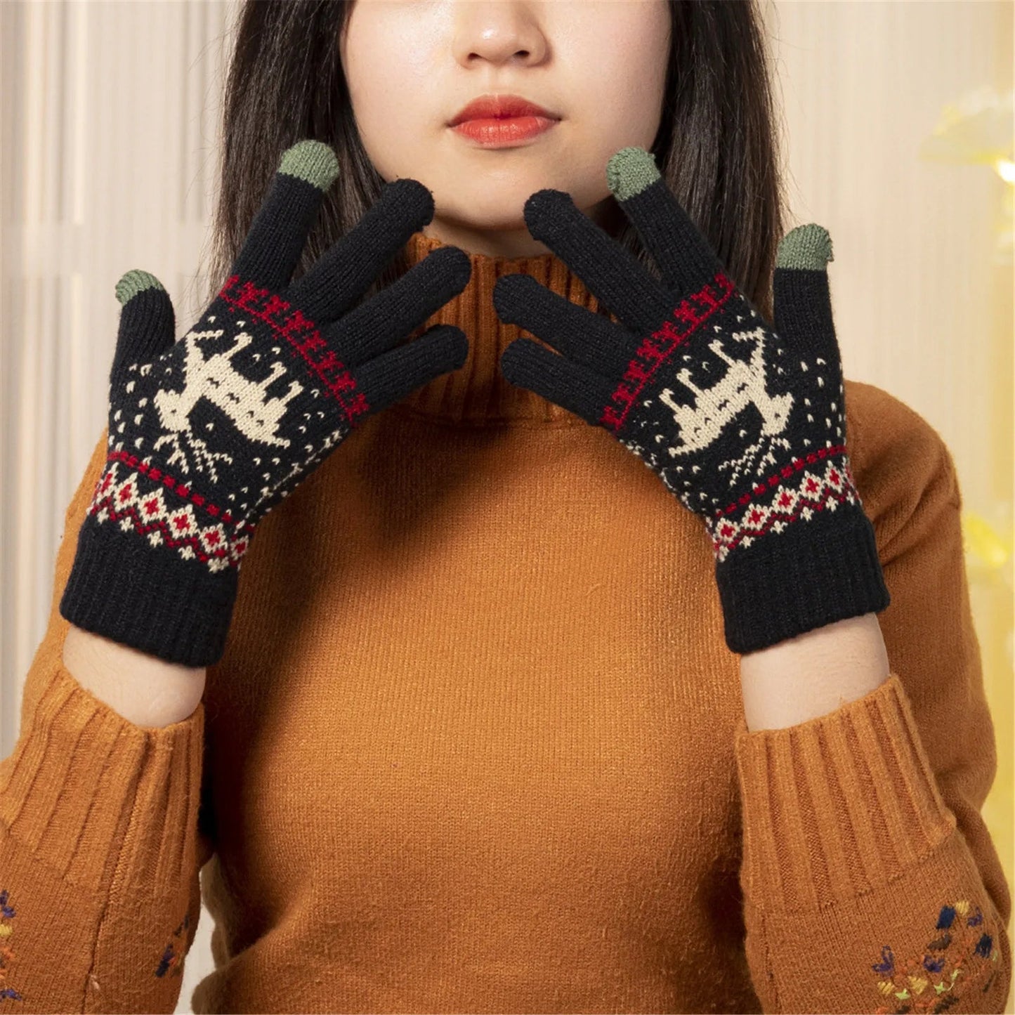 Plush Winter Warm Cycling Anti-cold Christmas Deer Knitted Touchscreen Gloves