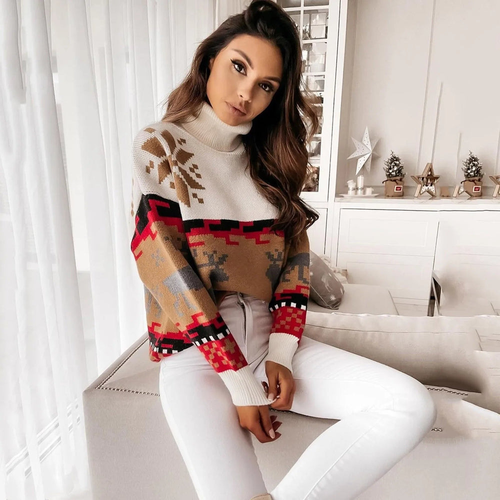 Christmas Print Knitted Casual Long Sleeve Ugly Women Sweater Sweaters-L