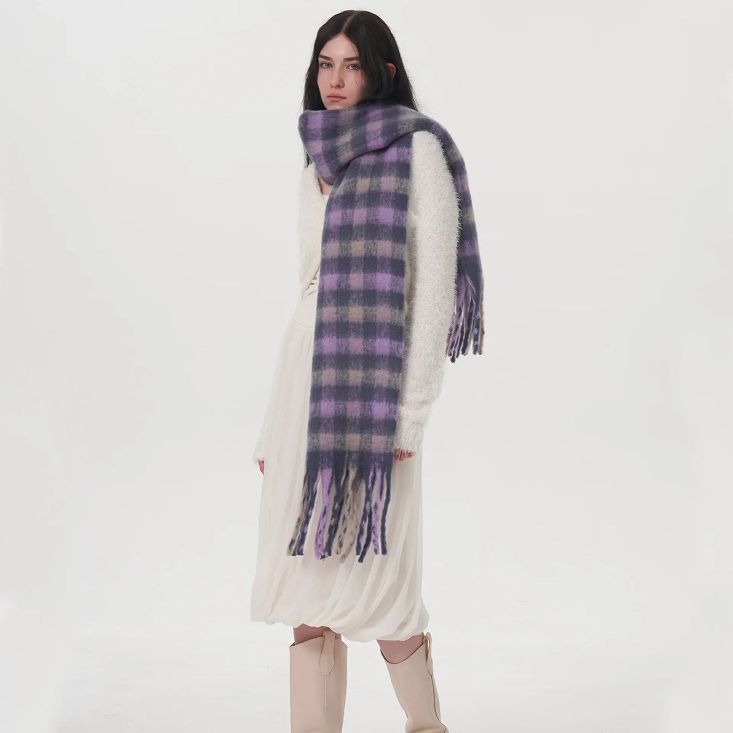 Winter Warm Cashmere Fashion Purple Gray Gradient Plaid Scarf