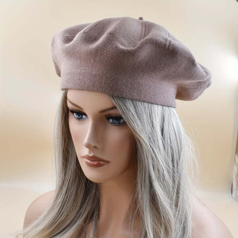French Stripe Plaid Military Top Painter Beret Women Hat - Wool Knitted Coffee Hat-L