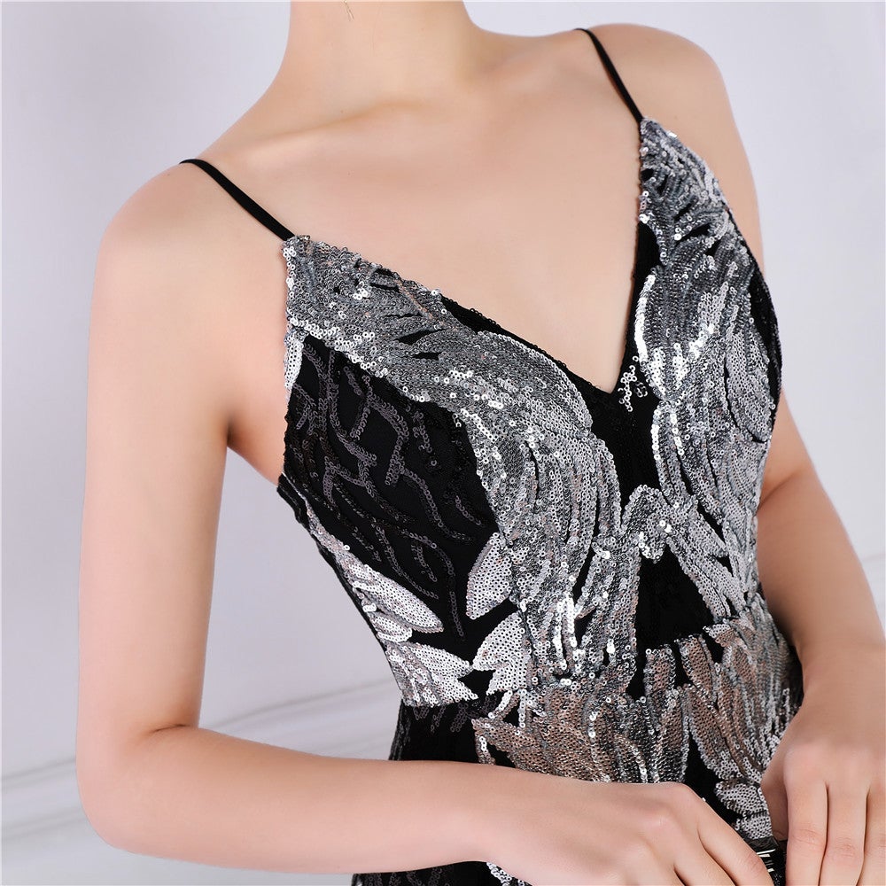 Wings Pattern Sequin Charming Mesh Strappy Gown