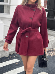 Elegant Solid Color Belted Wool Blend Coat