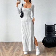 Simple Elegant Dress  Square Collar Backless Long Sleeve Mid Length Dress