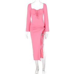 Long Sleeve Lace Up Slim Fit Backless Hollow Out Cutout Split Dress