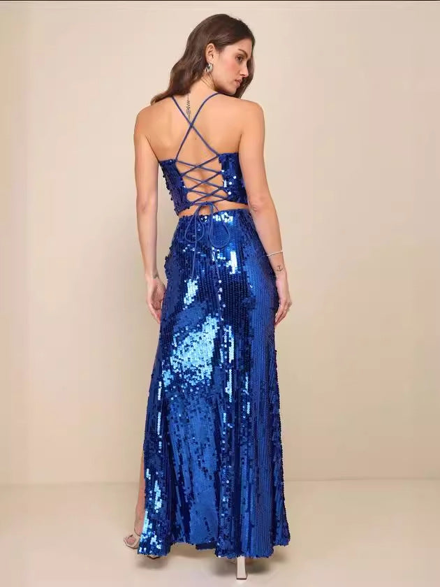 SEQUIN LACE-UP Stylish TWO-PIECE MAXI DRESS