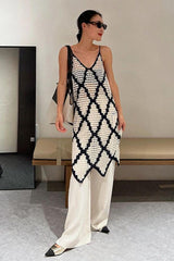 V-Neck Woven Hollow Diamond Lattice Sling Dress