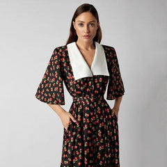Floral Print Slit Tight Waist A line Dress Elegant Short Sleeve Doll Collar Dress