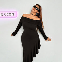 Elegant Dress  Boat Collar Wooden Ear Midi Dress