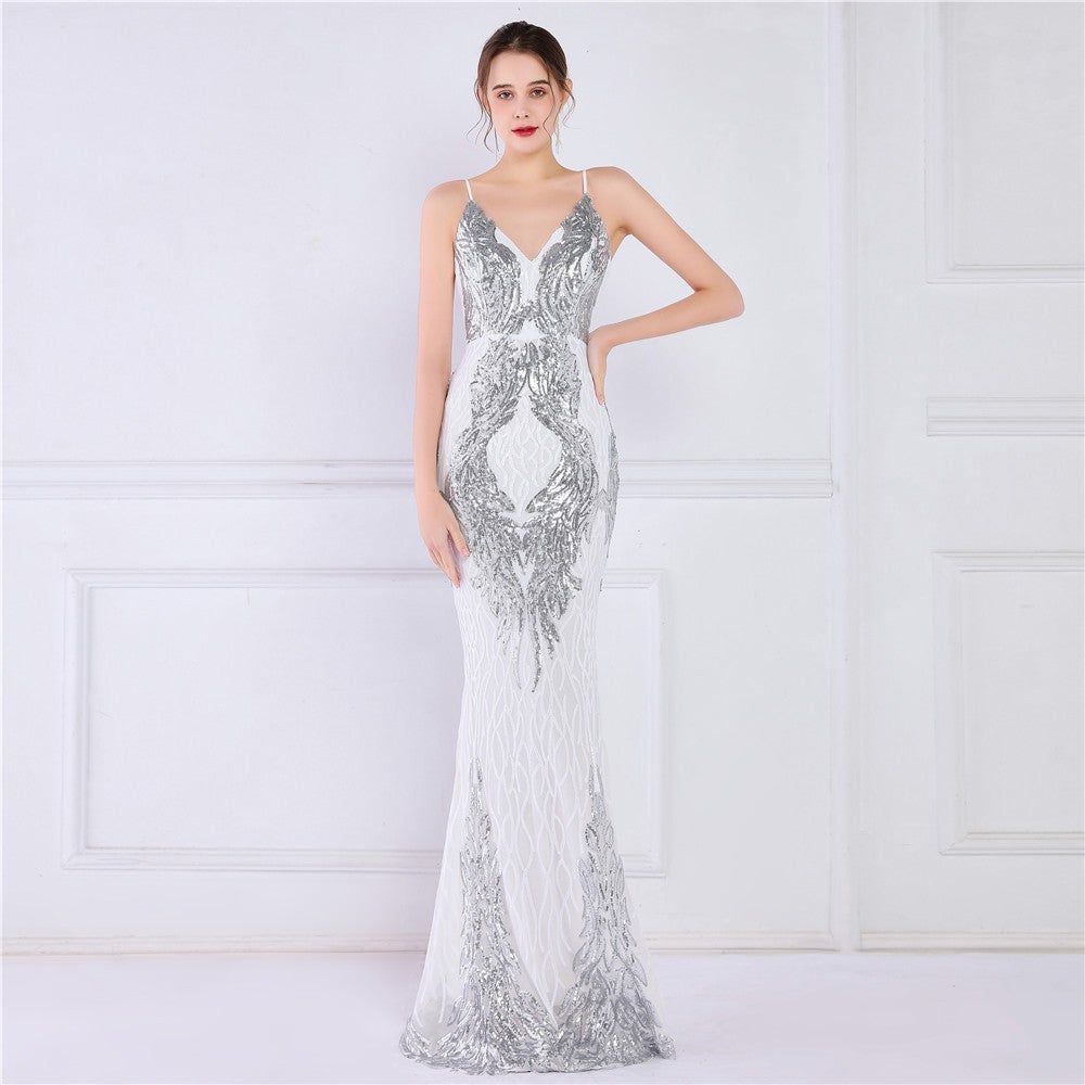 Wings Pattern Sequin Mesh Strappy Gown - Lady Occasions