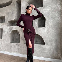 Fall High Collar Long Sleeve Waist High Split Slim Fit Hip Bag Dress