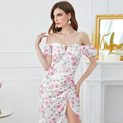 Floral Print off Neck High Waist Slit Dress