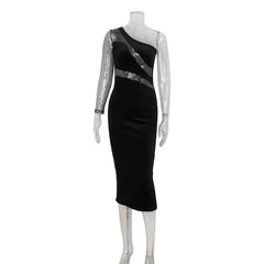 Fashionable Sequ Stitching Shoulder Diagonal Collar Dress Formal Dress