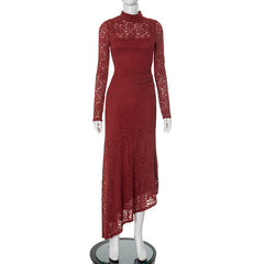 Lace Stitching Pleated Slim Fit Long Sleeve Oblique Strap Inner Dress