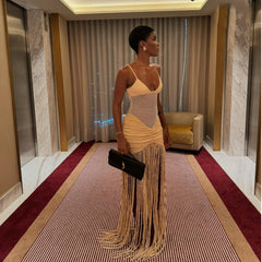 Suspenders Mesh Cropped Outfit Ruffle Hip Tassel Dress