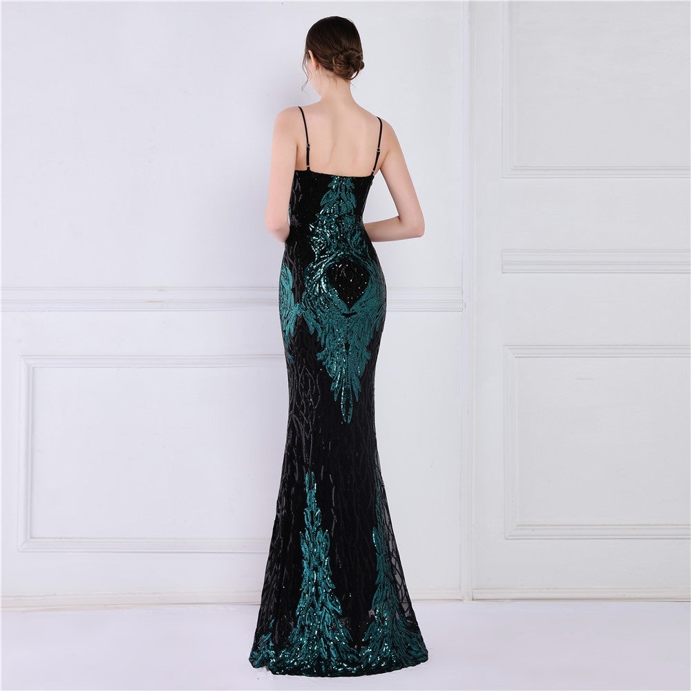 Wings Pattern Sequin Charming Mesh Strappy Gown