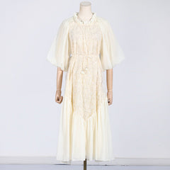 round Neck Wooden Ear Embroidery Tie Neck Slim Waist Solid Color Dress