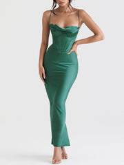 Pile Collar Satin Charming Pleated Suspender Maxi Skirt