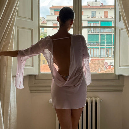 Long Sleeved Swing Collar Mesh Bare Back Dress