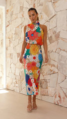 VacationPrinted Halter Sleeveless Waist Tight Dress